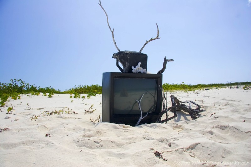 Television, Anegada style.
Nancy found this television on the beach on Anegada's north shore.  We dressed it up a bit, making the "rabbit ear" antenna from an oil bottle, some sand and sticks.  A nice little coral nick-nack on top, and we are ready to watch television.  It turns out that our reflection is the only thing that we can receive on it.