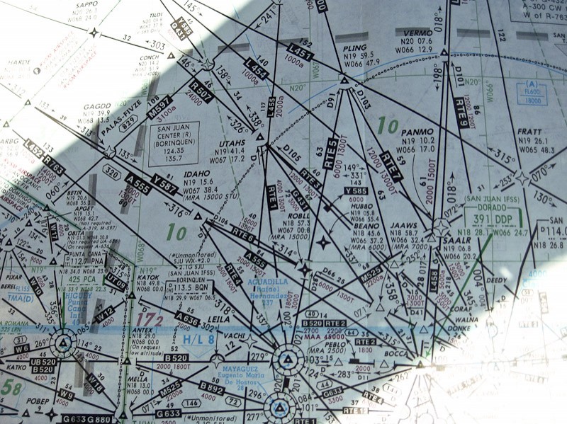 How we get there. This is a Caribbean IFR enroute chart. We flew most of the trip from Houston to Anegada under IFR (Instrument Flight Rules). Our clearance from Providenciales to Puerto Rico was MBPV-GTK-A555-IDAHO-RTE6-BEANO-TIJG.