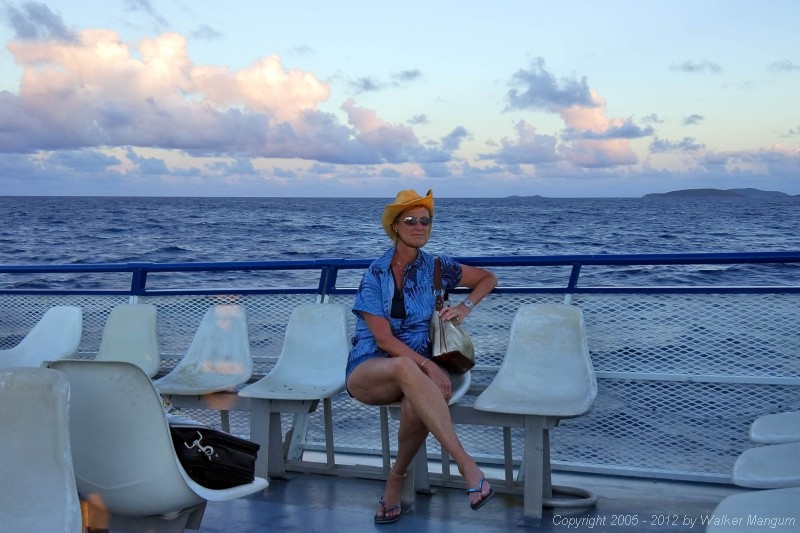 On the ferry back to Tortola.  There's the hat again.