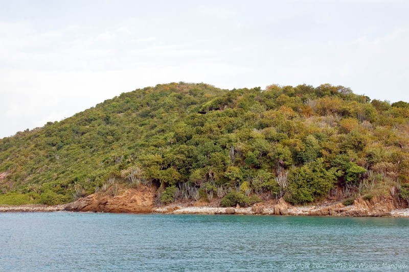 View from Scrub Island isthmus beach. Wali Nikiti construction is in center of hill.